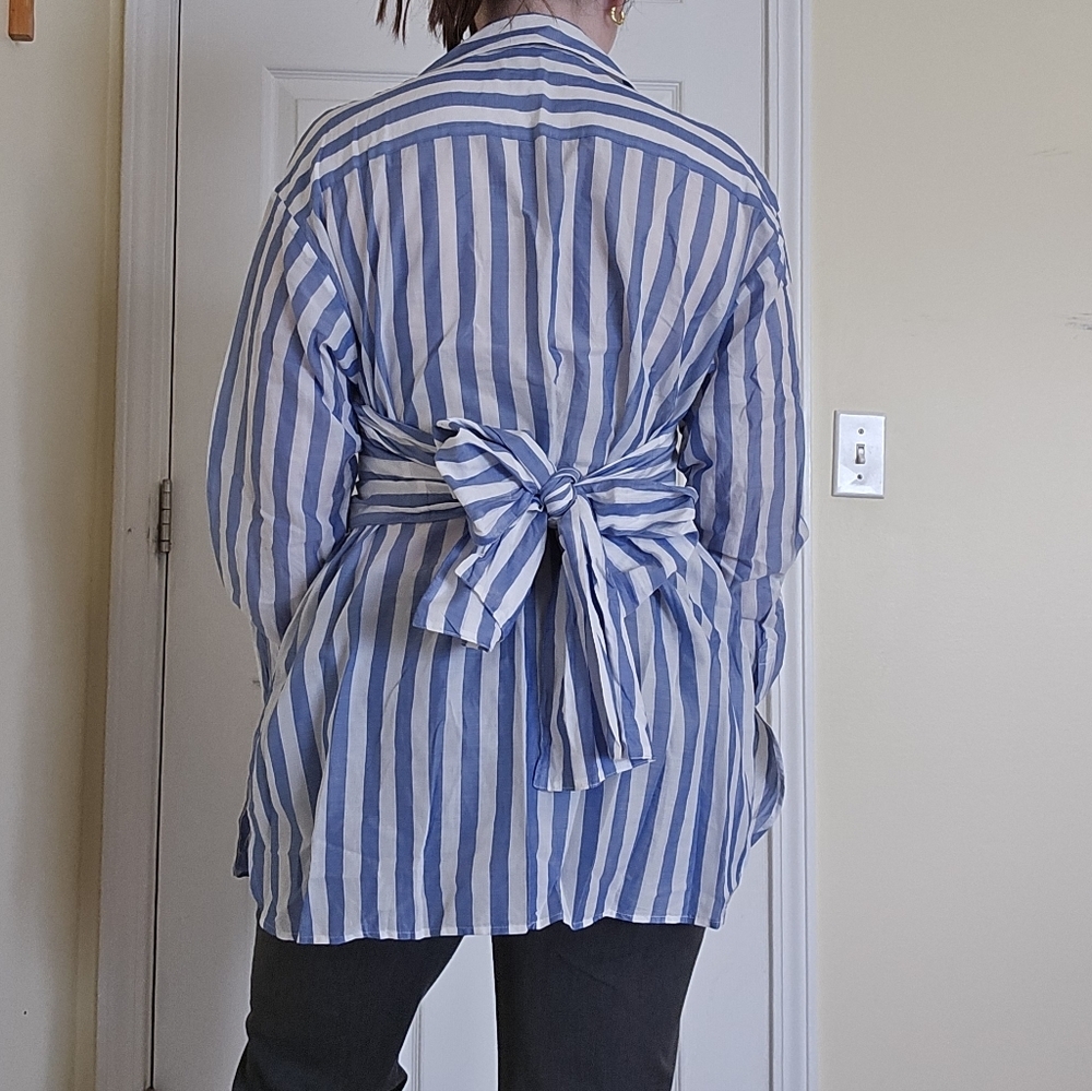 Lewit Designer Luxury Cotton Blue Striped Tie Waist Women's Blouse Medium - Picture 5 of 12